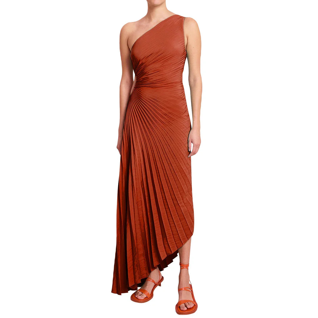 One-Shoulder Pleated Midi Dress