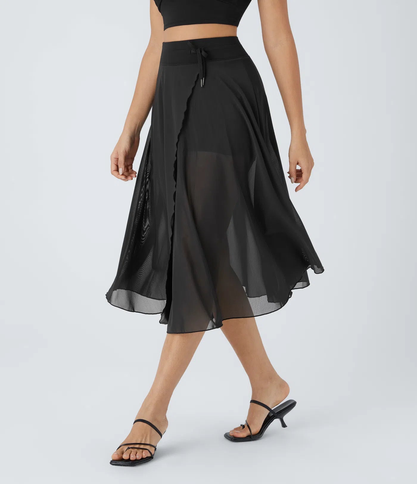 2-in-1 Midi Tulle Skirt with High Waist, Drawstring, Contrasting Mesh and Side Pockets