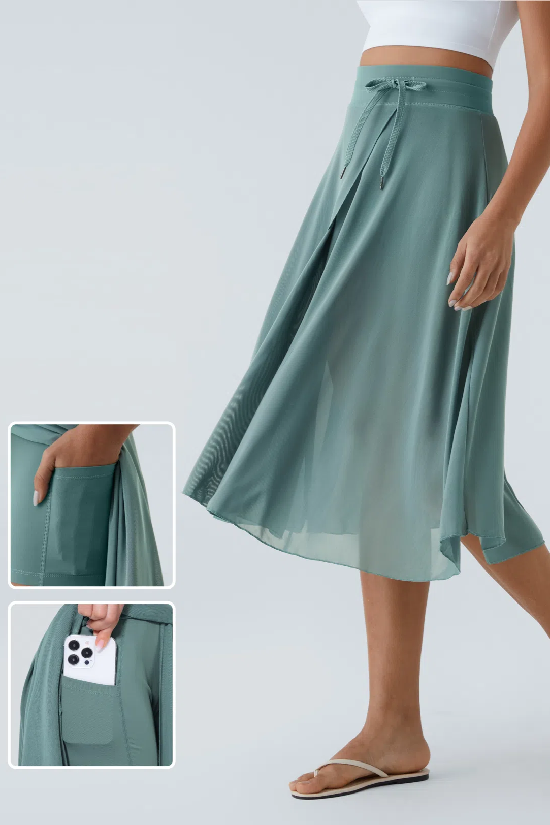 2-in-1 Midi Tulle Skirt with High Waist, Drawstring, Contrasting Mesh and Side Pockets