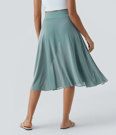 2-in-1 Midi Tulle Skirt with High Waist, Drawstring, Contrasting Mesh and Side Pockets