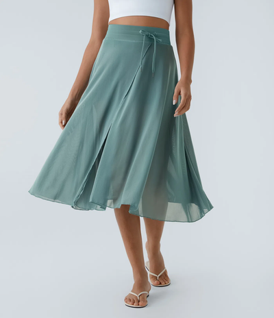 2-in-1 Midi Tulle Skirt with High Waist, Drawstring, Contrasting Mesh and Side Pockets