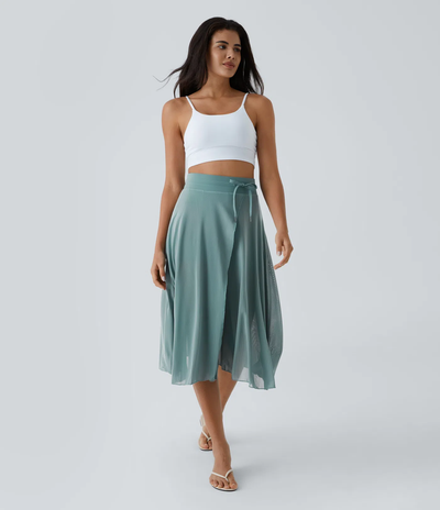 2-in-1 Midi Tulle Skirt with High Waist, Drawstring, Contrasting Mesh and Side Pockets