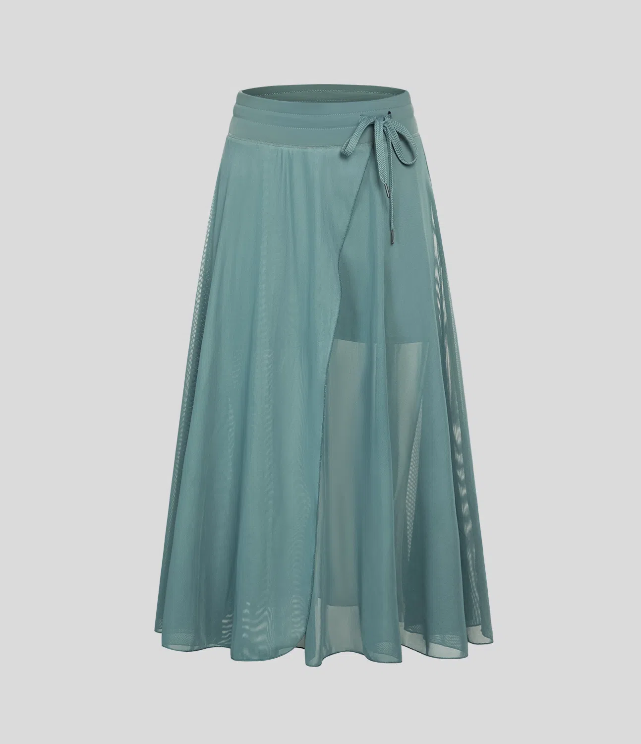 2-in-1 Midi Tulle Skirt with High Waist, Drawstring, Contrasting Mesh and Side Pockets