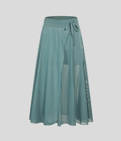 2-in-1 Midi Tulle Skirt with High Waist, Drawstring, Contrasting Mesh and Side Pockets