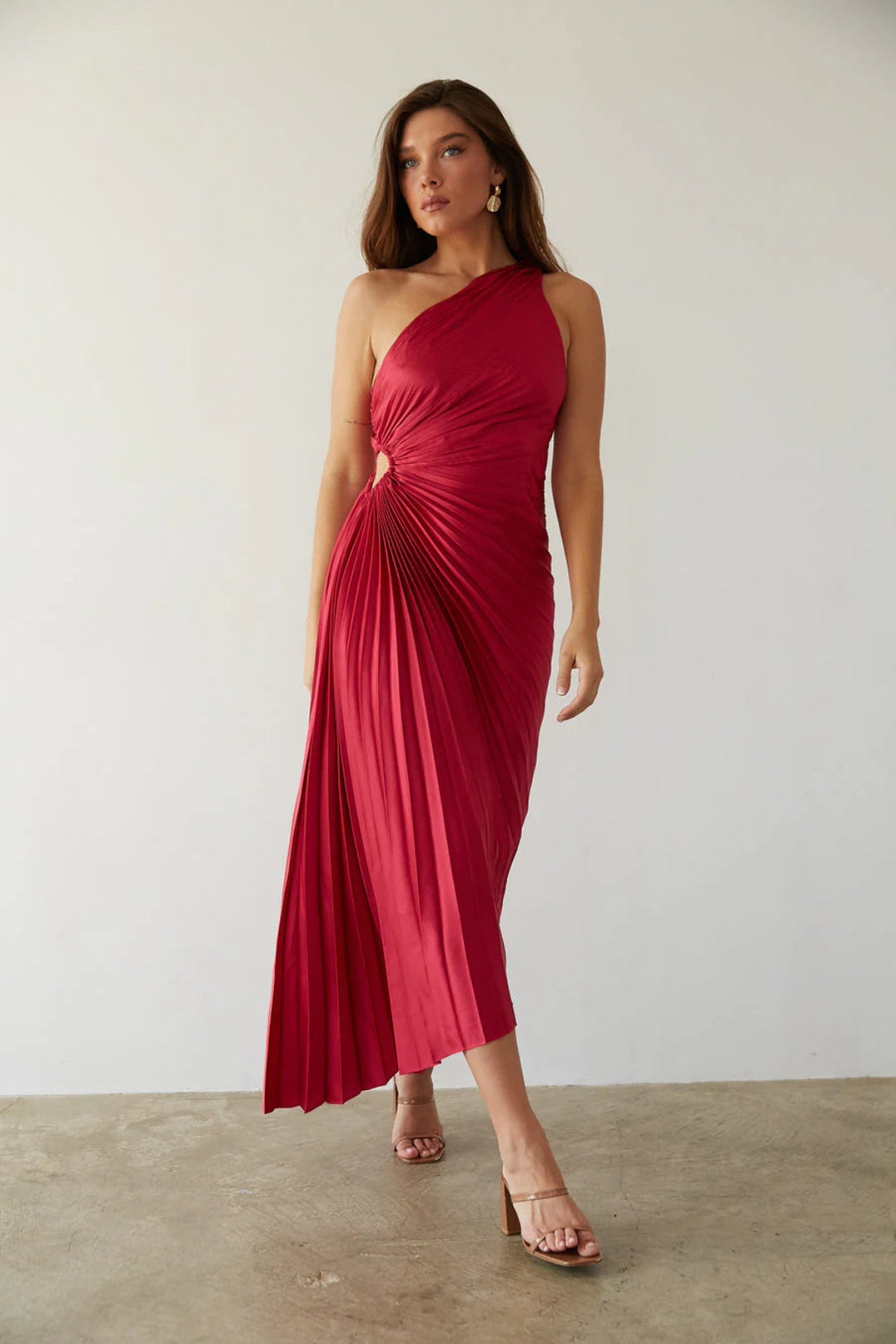 One-Shoulder Pleated Midi Dress