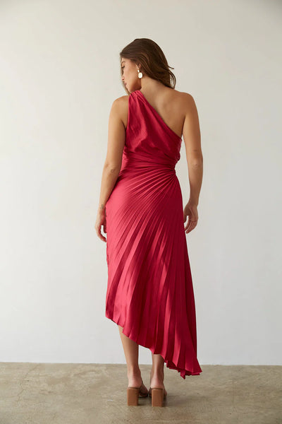 One-Shoulder Pleated Midi Dress